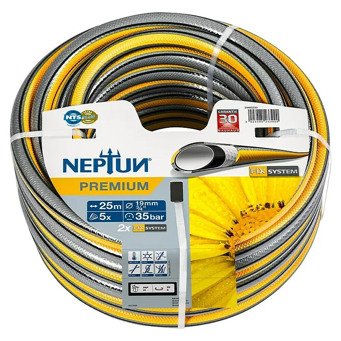 Neptun Premium Gartenschlauch - Länge: 25 m, Schlauchdurchmesser: 19 mm, ¾″, 35 bar - Aufgerollter Neptun Premium Gartenschlauch (25m, 19mm, 35bar) mit "Fix System" für zuverlässige Gartenbewässerung und einfacher Handhabung.