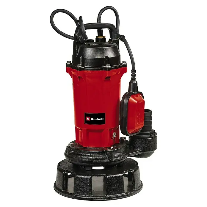 Einhell Bomba para aguas residuales GE-DP 900 Cut - 900 W, Capacidad de bombeo máx.: 16.000 l/h, Profundidad de inmersión: 7 m - En la imagen hay una bomba de agua sucia sumergible Einhell roja con carcasa y asa negra para uso en jardines u obras de construcción.