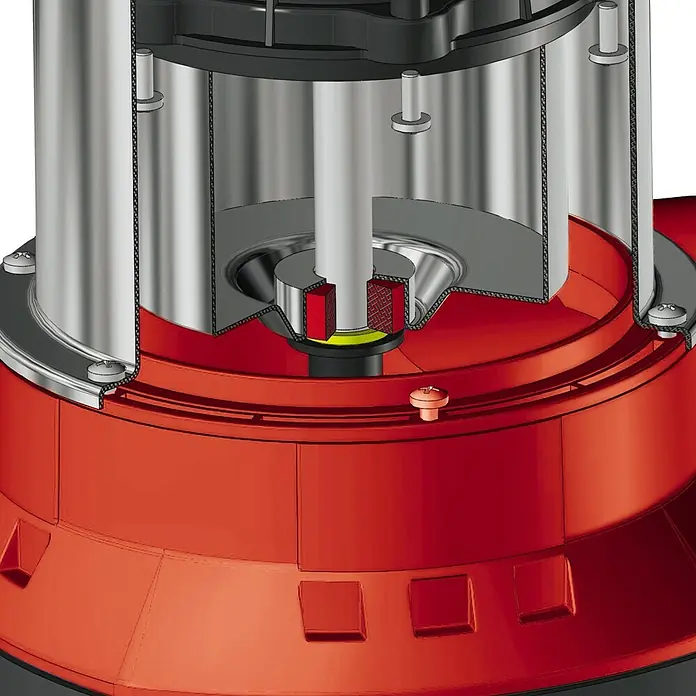 Einhell Bomba para aguas residuales GE-DP 900 Cut - 900 W, Capacidad de bombeo máx.: 16.000 l/h, Profundidad de inmersión: 7 m - Primer plano de la sección transversal de una bomba sumergible, que destaca la construcción interna y los componentes esenciales.