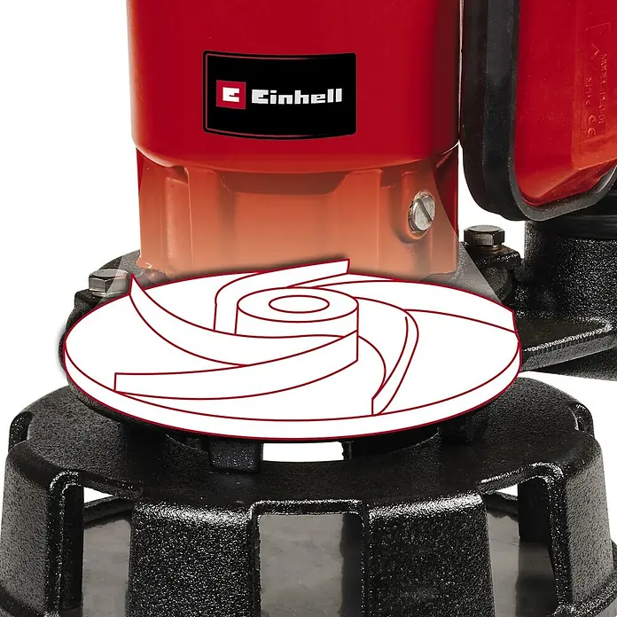 Einhell Bomba para aguas residuales GE-DP 900 Cut - 900 W, Capacidad de bombeo máx.: 16.000 l/h, Profundidad de inmersión: 7 m - Imagen de una bomba Einhell con un llamativo diseño en rojo y negro, perfecta para diversas tareas de bombeo de agua en la casa y el jardín.