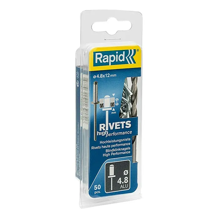 Rapid Blindniete ALU - Nietdurchmesser: 4,8 mm, Nietlänge: 12 mm, 50 Stk. - Bild einer Packung Rapid Hochleistungsnieten (Ø4,8x12mm) mit 50 Stück aus Aluminium.