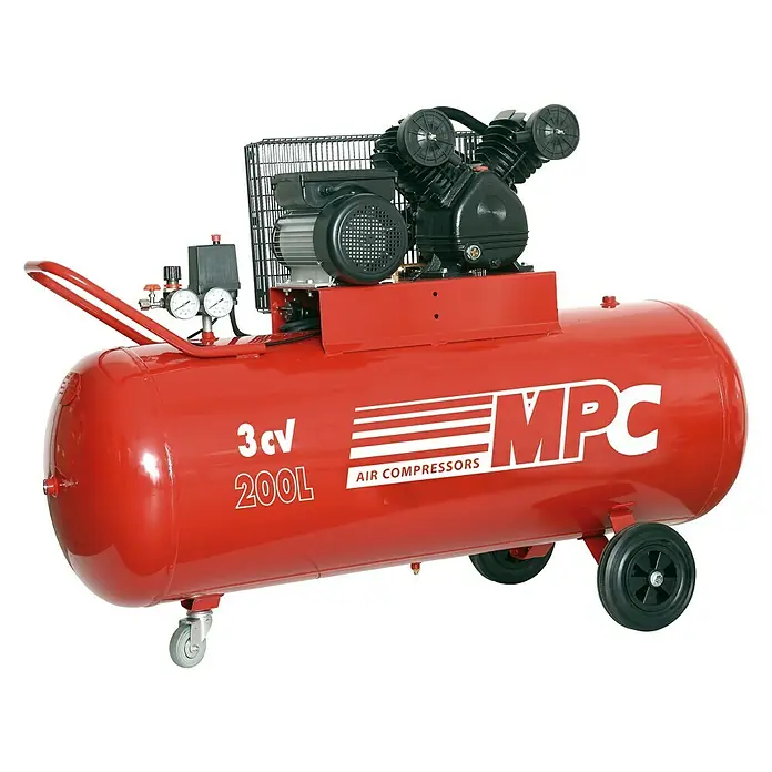 MPC Compresor SNV 20035 - Presión máx.: 10 bar, 200 l - Compresor de aire rojo de 3 CV con depósito de 200 litros. Compacto y móvil, ideal para variedad de aplicaciones en talleres y garajes.