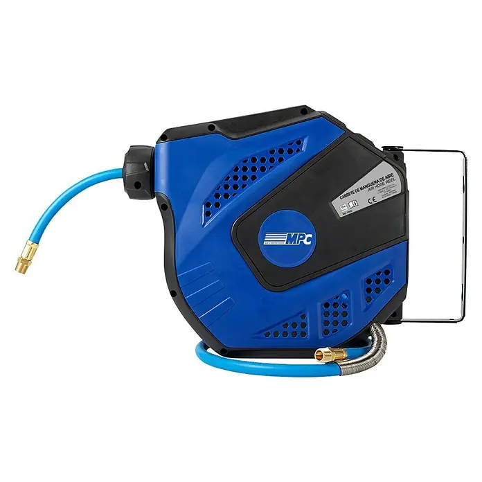 MPC Enrollador automático de manguera - ⅜″, Presión máx.: 20 bar, Longitud del tubo: 12 m - Imagen de un carrete de manguera de aire automático MPC azul con manguera azul y manguera plateada.