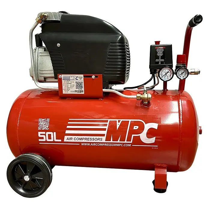 MPC Compresor CD-251 - Presión máx.: 8 bar, 1.500 W, 50 l - Un compresor de aire MPC rojo de 50L con motor negro y manómetros, ideal para trabajos de taller.