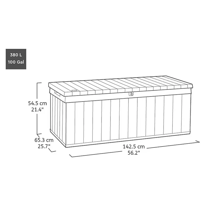 Baúl para jardín Darwin 100 - L x An x Al: 65 x 143 x 55 cm, Marrón - Ilustración de una caja de jardín de 380 L, que ofrece almacenamiento exterior duradero.