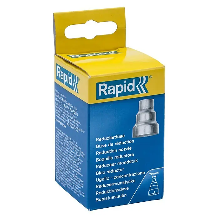 Rapid Reduzierdüse - Durchmesser: 20 mm, Passend für: Heißluftgebläse - Bild einer Rapid-Reduzierdüse, die in einer gelb-blauen Verpackung präsentiert wird, ideal für Präzisionsarbeiten.
