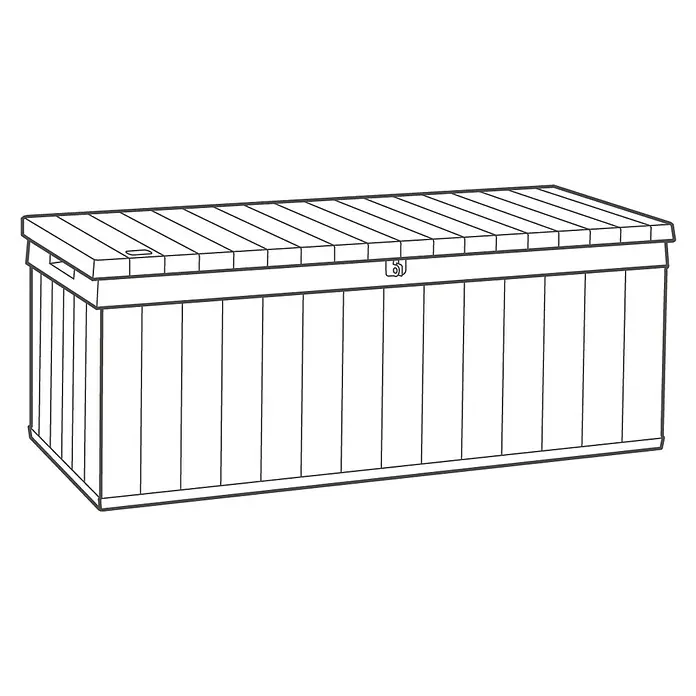 Baúl para jardín Darwin 100 - L x An x Al: 65 x 143 x 55 cm, Marrón - Ilustración de una gran caja de jardín alargada con diseño de madera y espacio de almacenamiento exterior práctico.