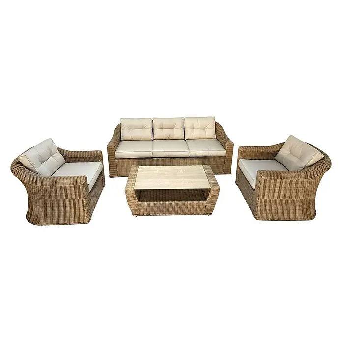 Sunfun Conjunto de muebles Belinda II - 4 pzs., Aluminio/Ratán sintético, Arena - Elegante conjunto de ratán con sofá, dos sillones y mesa de centro, ideal para relajarse al aire libre.
