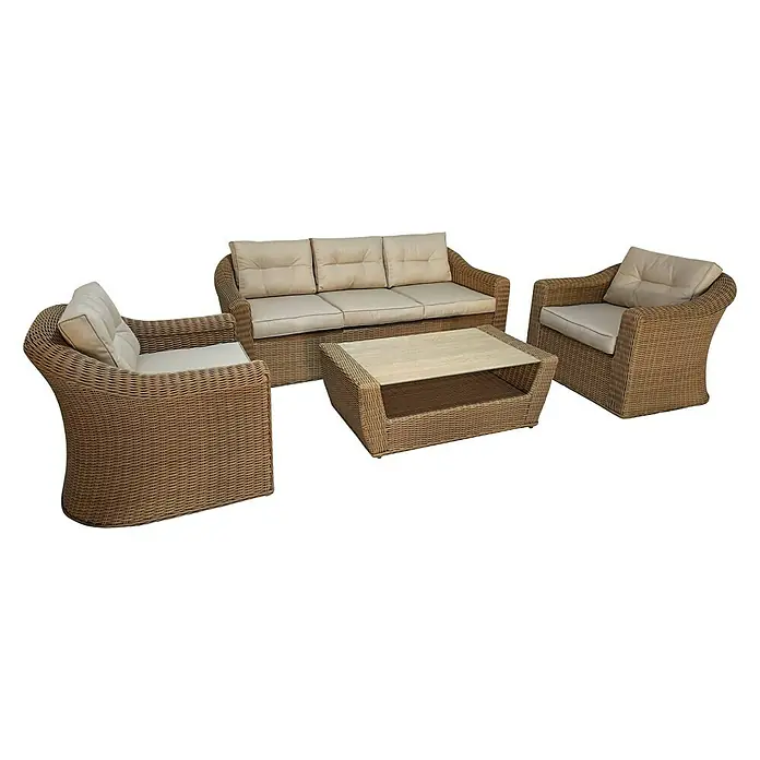 Sunfun Conjunto de muebles Belinda II - 4 pzs., Aluminio/Ratán sintético, Arena - Conjunto de muebles de jardín de ratán marrón con cojines beige y mesa, perfecto para disfrutar del aire libre. Relájate con comodidad y estilo.