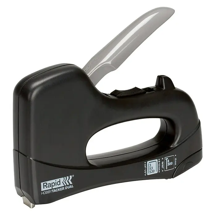 Rapid Kombi-Handtacker Hobby Dual - Klammertiefe: 6 mm - 12 mm, Geeignet für: Klammern Typ 53 - Abgebildete Rapid Hobbytacker Dual, ein vielseitiges Werkzeug zum Heften und Befestigen von Materialien im Hobby- und DIY-Bereich.