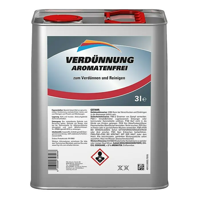Verdünnung - Aromatenfrei, 3 l - Abbildung eines 3-Liter-Kanisters aromatenfreier Verdünnung, ideal zum Verdünnen und Reinigen von Farben und Werkzeugen.