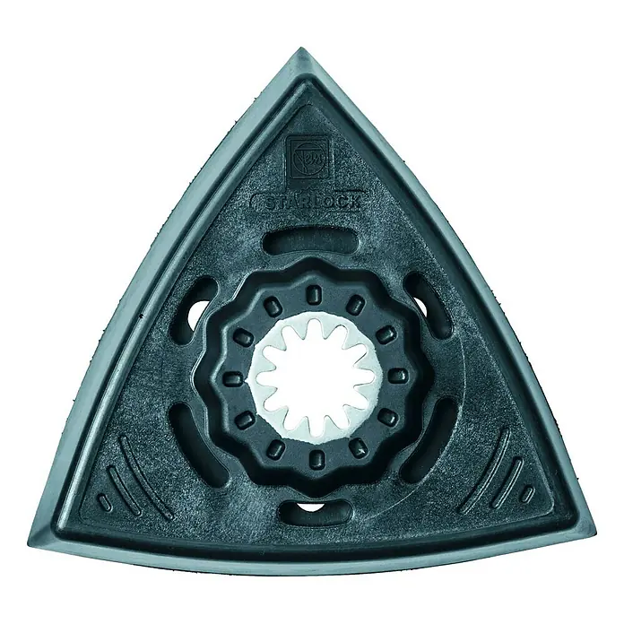 Fein Starlock Schleifplatte - Gelocht, 2 Stk. - Dreieckige StarLock Schleifplatte mit Aussparungen und sternförmiger Öffnung für Schleifarbeiten an Ecken und Kanten.