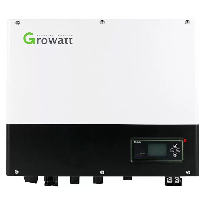 Growatt Wechselrichter SPH 10000TL3 BH-UP - 0% MwSt. (gem. § 12 Abs. 3 UStG) - 10.000 W - Growatt Hybrid-Solarwechselrichter mit weißem und schwarzem Gehäuse, Display und Anschlüssen.