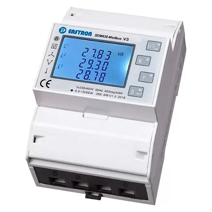 Growatt Wechselrichter SPH 10000TL3 BH-UP - 0% MwSt. (gem. § 12 Abs. 3 UStG) - 10.000 W - Weißer DIN-Schienen-Energiezähler SDM630-Modbus V3 mit blauem LCD-Display, der L1, L2, L3 Leistungsdaten in kW anzeigt.