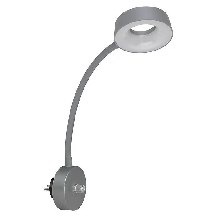 Globo LED-Wandleuchte LEHOVO - B x H: 26 x 45,5 cm, Silber - Diese Aufnahme zeigt eine moderne, graue LED-Wandleuchte mit einem schwanenhalsartigen Arm und einem runden Leuchtkopf. Sie ist minimalistisch und elegant.