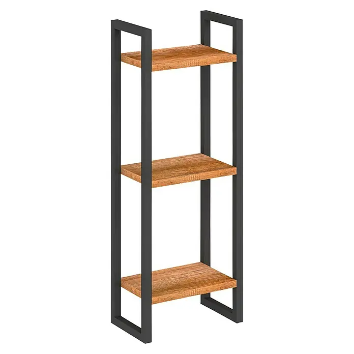 Astor Tree Wandregal - L x B x H: 16 x 30 x 80,7 cm, Eiche/Schwarz - Regal mit drei Holzablagen und einem dunklen Metallrahmen für stilvolle Aufbewahrungslösungen im modernen Design.