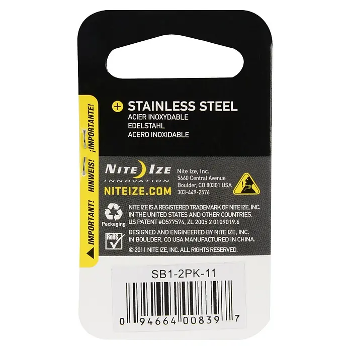 Nite Ize Doppelkarabiner - 8 x 4,7 cm, Edelstahl, Silber, Belastbarkeit: 2,3 kg - Verpackung der Nite Ize Edelstahl-Produkte mit Produktinformationen und Barcode.