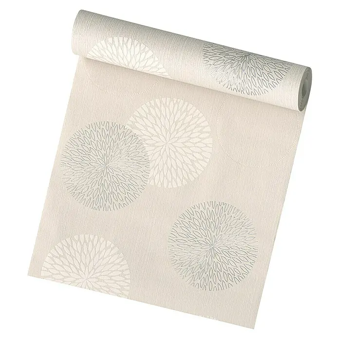 A.S. Création Vliestapete Blütenmuster - Beige, Floral, 10,05 x 0,53 m - Eine Rolle beigefarbene Tapete mit einem eleganten, kreisförmigen Blütenmuster, ideal für eine stilvolle Wandgestaltung.