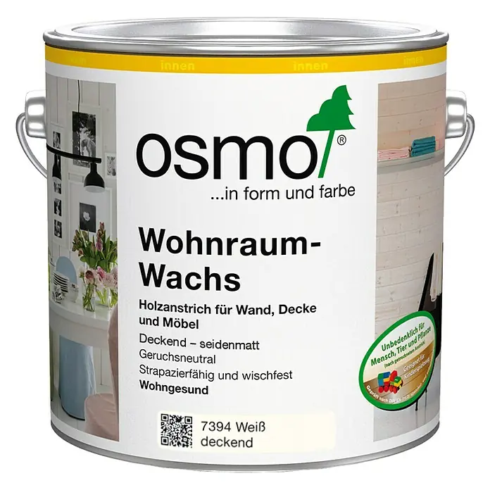 Osmo Wohnraum-Wachs - Weiß, Deckend, 2,5 l, Seidenmatt - Dose Osmo Wohnraum-Wachs 7394 Weiß deckend für Holzoberflächen im Innenbereich, ideal für Wände, Decken und Möbel, seidenmatt.