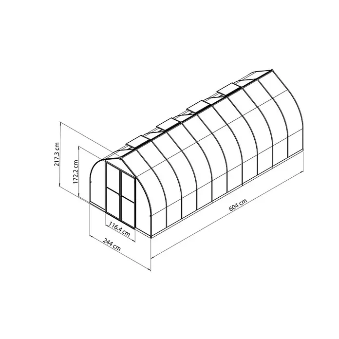 Palram – Canopia Gewächshaus Bella - Außenmaß inkl. Dachüberstand (B x T): 244 x 604 cm, 6 mm, Silber - Ansicht eines Gewächshauses mit den Maßen 217,3 cm Höhe, 604 cm Länge und 244 cm Breite.