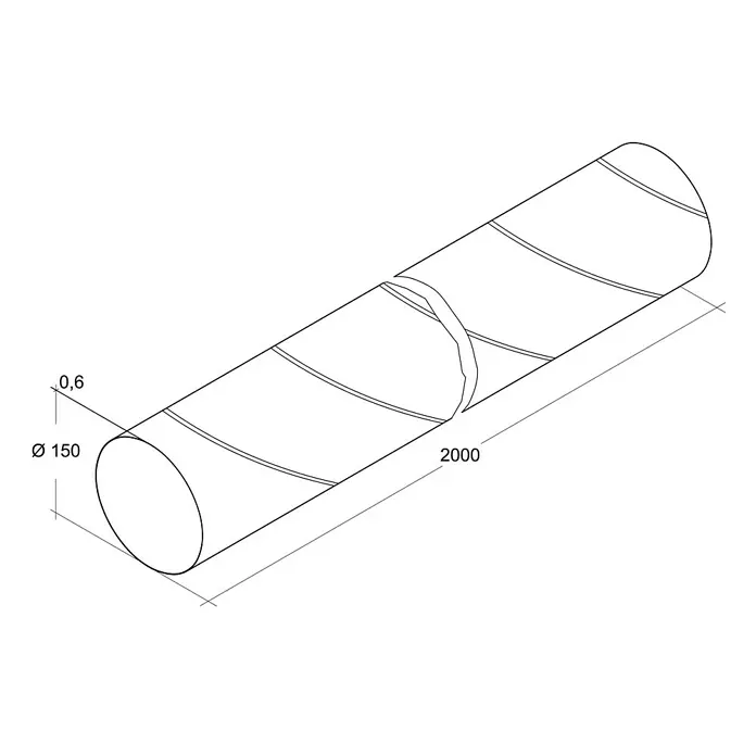 Air-Circle Wickelfalzrohr - Ø x L: 150 mm x 2 m, Max. Luftleistung: 600 m³/h, Stahl - Darstellung eines länglichen Rohres mit einem Durchmesser von 150 und einer Länge von 2000, inklusive Maßangaben.