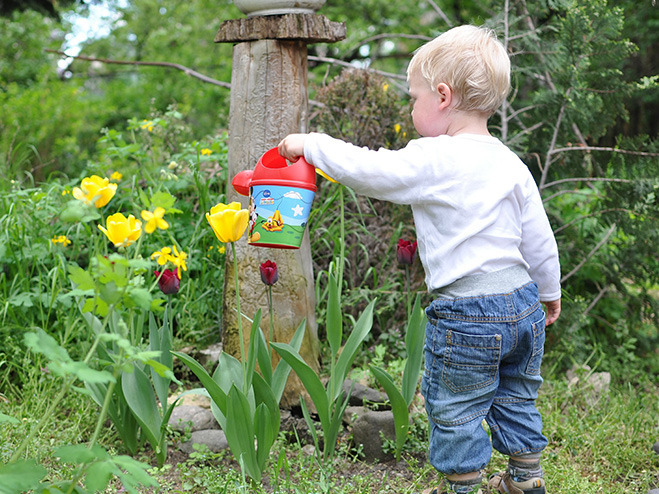 Junge gießt Blumen