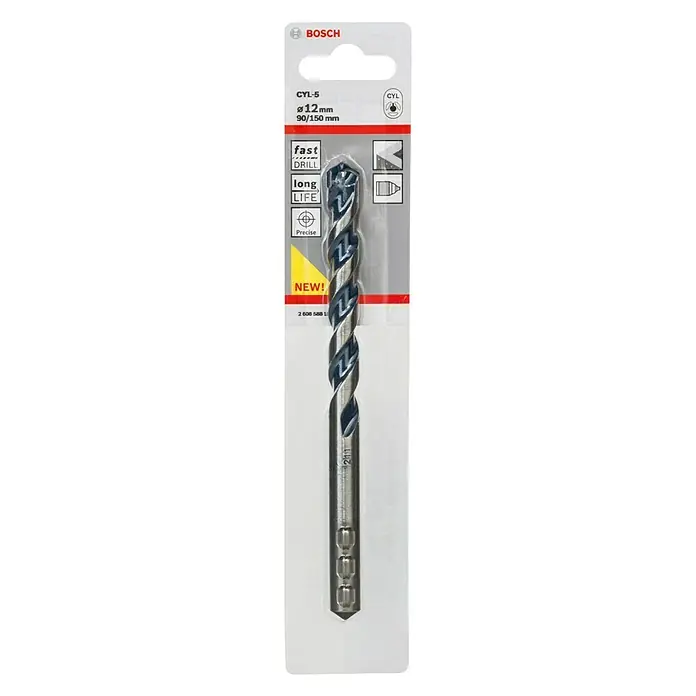 Bosch Beton- & Steinbohrer CYL-5 - Durchmesser Bohrer: 12 mm, Arbeitslänge: 90 mm - Ein Bosch CYL-5 Steinbohrer mit einem Durchmesser von 12 mm, ideal für schnelles und präzises Bohren mit langer Lebensdauer.