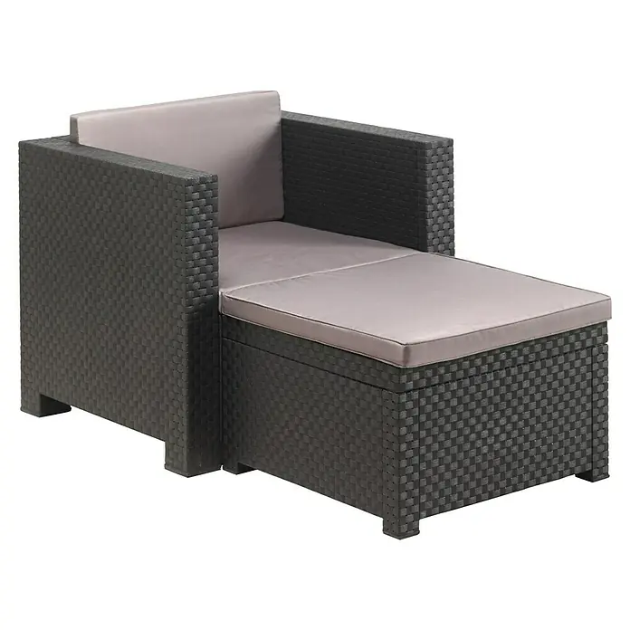 Shaf Conjunto de muebles Sira - 5 pzs., Polipropileno, Grafito - Juego de muebles de exterior con sillón lounge de poliratán gris y reposapiés con cojines suaves, ideal para relajarse al aire libre.