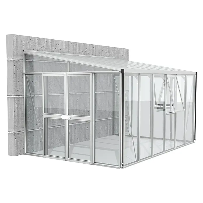 Vitavia Gewächshaus Helena 10200 - Außenmaß inkl. Dachüberstand (B x T): 397 x 266 cm, 3 mm, Aluminium - Dieses Bild zeigt ein Anlehngewächshaus mit klarer Glasverkleidung und solidem Rahmen, ideal für den Gartenanbau.