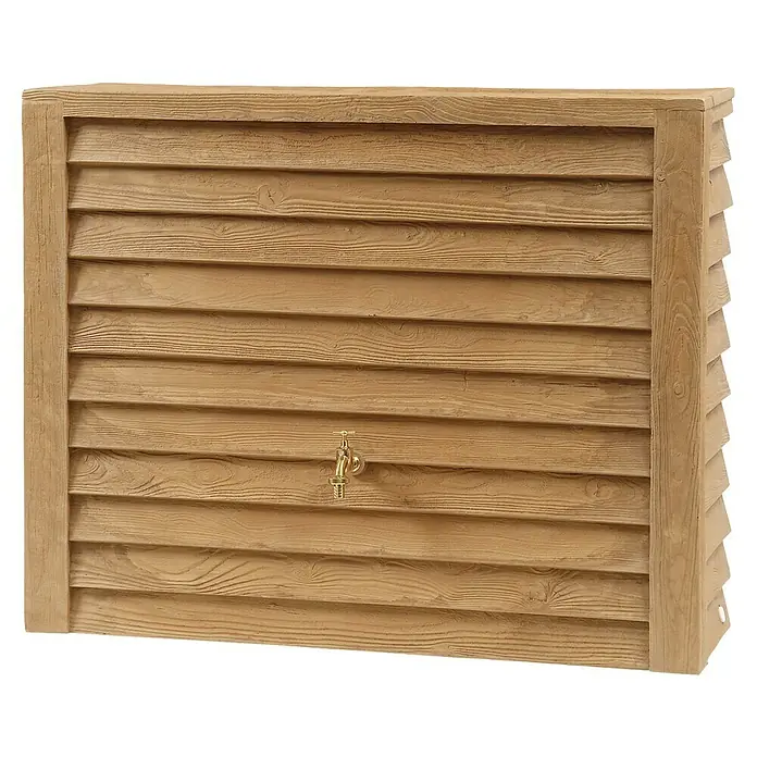 Garantia Exklusive Line Regenspeicher Woody - 350 l, Lightwood - Eine Regentonne in Holzoptik mit einem Messinghahn in der Mitte, perfekt für jeden Garten.