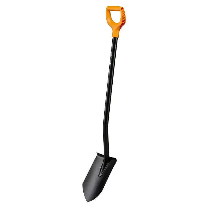 Fiskars Solid Schaufel - L x B: 126 x 23,2 cm, Scharz/Orange - Ein schwarzer Fiskars Spaten mit orangefarbenem Griff. Ideal für Gartenarbeiten und zum Umgraben von Erde. Robuste Bauweise für den langfristigen Gebrauch.
