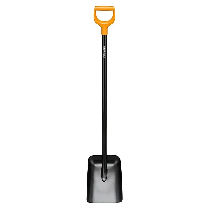 Fiskars Solid Schaufel - L x B: 126 x 23,2 cm, Scharz/Orange - Schwarzer Fiskars Spaten mit orangefarbenem Griff, ideal für Gartenarbeiten und Landschaftsbau. Das robuste Werkzeug für verschiedenste Einsätze.