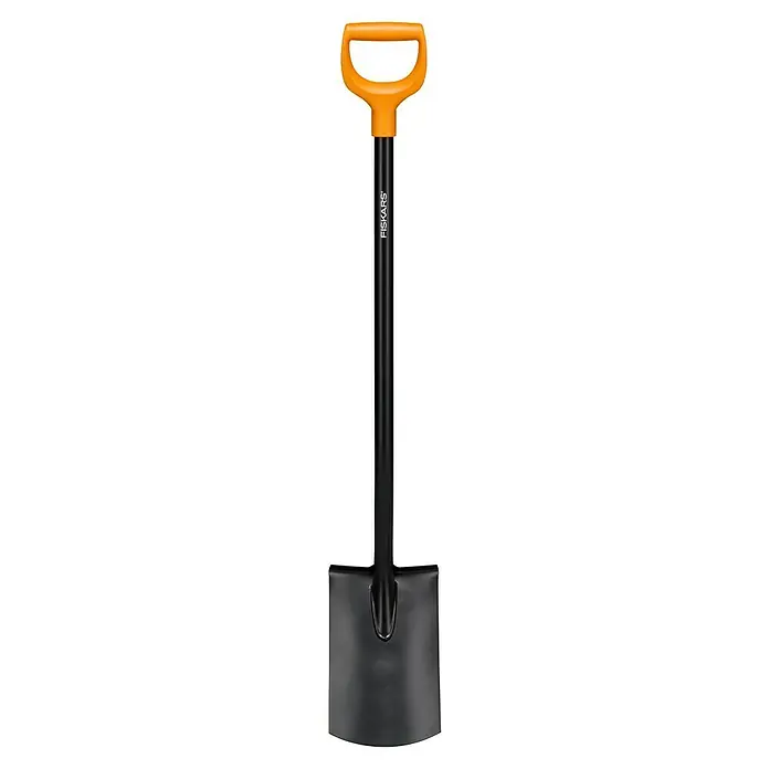 Fiskars Solid Gärtnerspaten rund - Arbeitsbreite: 18 cm, Länge: 116 cm - Spaten mit orangefarbenem Griff und schwarzem Blatt. Ein robustes Werkzeug für Gartenarbeiten und Landschaftsbau, ideal für das Umgraben von Erde.