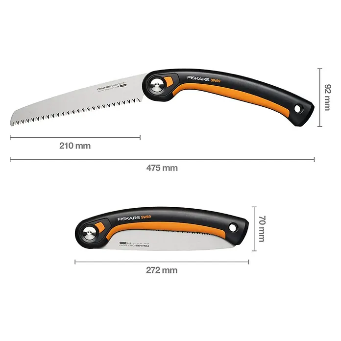 Fiskars Plus Klappsäge SW69 - 21 cm - Die Abbildung zeigt eine Fiskars SW69 Astsäge in geöffnetem und geschlossenem Zustand, zusammen mit den dazugehörigen Maßen.