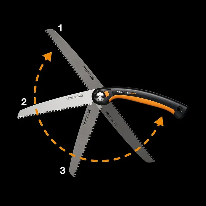 Fiskars Plus Klappsäge SW69 - 21 cm - Das Bild zeigt eine Fiskars SW69 Klappsäge in verschiedenen Positionen, die ihre Vielseitigkeit und Funktionalität hervorhebt.