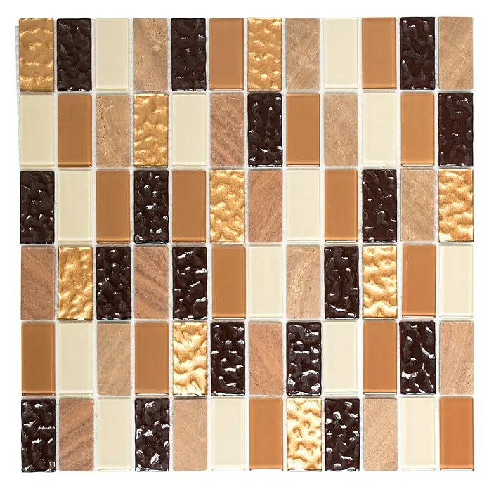 Selbstklebemosaik Crystal Mix SAM 4MS75 - 30 x 30 cm, Beige/Braun, Glänzend - Quadratisches Mosaikmuster mit rechteckigen Glasfliesen in Braun-, Beige- und Goldtönen für stilvolle Wand- oder Bodenbeläge.