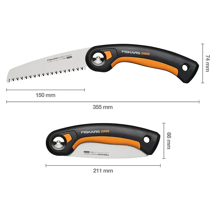 Fiskars Plus Klappsäge SW68 - 15 cm - Abbildung der Fiskars SW68 Power Tooth Säge mit Maßangaben für Klingenlänge, Gesamtlänge und Griffhöhe.