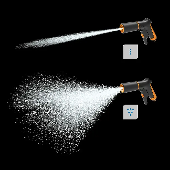 Fiskars Sprühpistole Comfort mit Frontregler - Anzahl Sprühformen: 2 Stk. - Bild der Fiskars Spritzpistole mit zwei Sprühmodi für Gartenbewässerung.\n