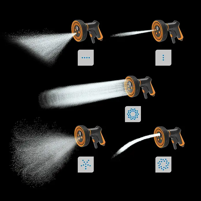 Fiskars Sprühpistole Multi mit Frontregler - Anzahl Sprühformen: 5 Stk. - Sprühpistole mit verschiedenen Sprühmustern für eine vielseitige Bewässerung im Garten.
