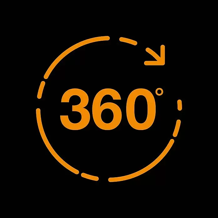 Fiskars Schlauchwagen Waterwheel XL manuell - Kunststoff/Metall - Oranges 360-Grad-Symbol mit einem kreisförmigen gestrichelten Pfeil, das eine Panoramaansicht oder vollständige Drehung anzeigt.