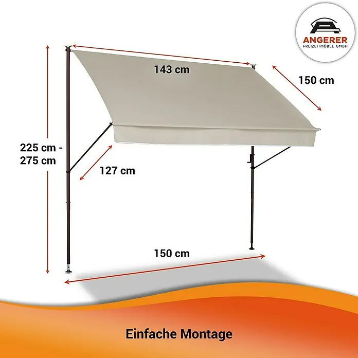 Angerer Klemmmarkise Style - Beige, Breite: 1,5 m, Ausfall: 1,5 m - Abbildung einer freistehenden Markise von Angerer mit Maßangaben, die die Abmessungen des Produkts veranschaulichen.