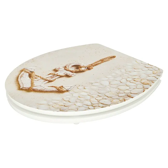 Poseidon Tapa de WC Sand - Otros, Beige, Con caída amortiguada - Un asiento de inodoro con un diseño marítimo con ancla, cuerda y conchas, aportando un ambiente fresco al baño.