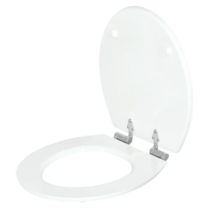 Poseidon Tapa de WC Sand - Otros, Beige, Con caída amortiguada - Un asiento de inodoro blanco con bisagras cromadas se representa sobre un fondo negro. El asiento está abatido abierto en la toma.