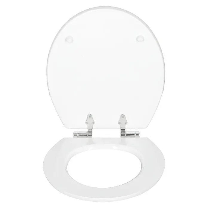 Poseidon Tapa de WC Sand - Otros, Beige, Con caída amortiguada - Asiento de inodoro blanco con tapa y bisagras de metal brillante sobre fondo negro. Accesorio de baño práctico e higiénico.