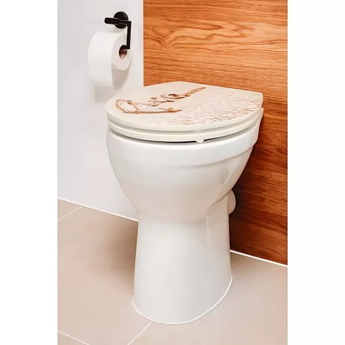 Poseidon Tapa de WC Sand - Otros, Beige, Con caída amortiguada - Inodoro blanco con asiento decorativo con diseño de ancla y conchas marinas de temática playera.