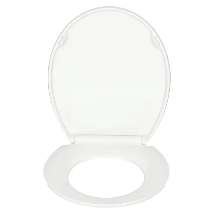 Poseidon WC-Sitz Silver Glitter - Duroplast, Silber/Weiß, Mit Absenkautomatik - Ein hochauflösendes Bild eines weißen Toilettensitzes mit Deckel, der leicht geöffnet ist, vor einem dunklen Hintergrund.