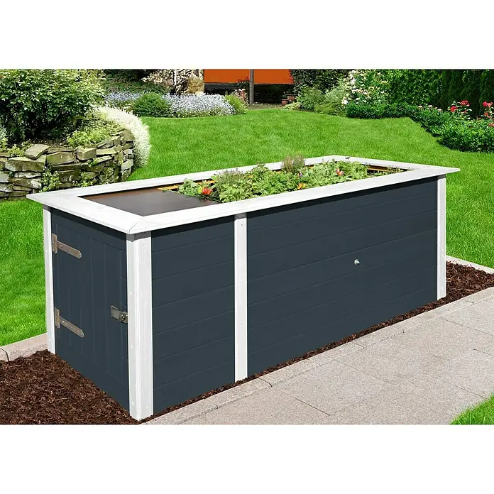 Weka Hochbeet - 205 x 79 x 81 cm, Holz, Anthrazit/Weiß - Bild eines dunkelgrauen Hochbeets mit weißem Rahmen, bepflanzt mit verschiedenen Pflanzen, im Garten platziert.