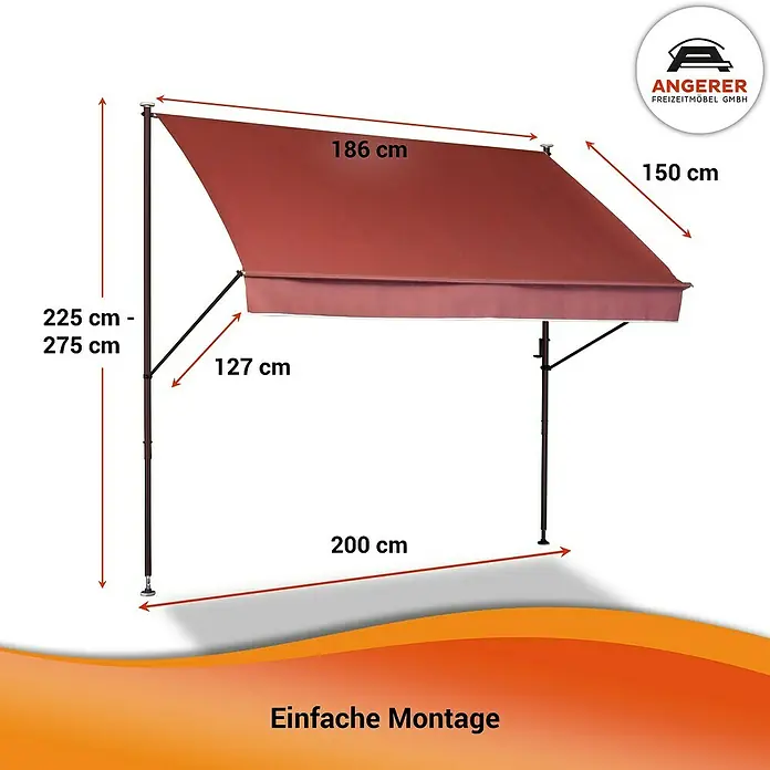 Angerer Klemmmarkise Style Terra - Terracotta, Breite: 2 m, Ausfall: 1,5 m - Produktbild einer Markise mit Größenangaben. Die Markise ist rotbraun und hat eine Breite von 186 cm.
