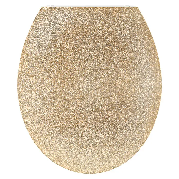 Poseidon WC-Sitz Golden Glitter - Duroplast, Gold/Weiß, Mit Absenkautomatik - Nahaufnahme eines glitzernden, goldenen Toilettensitzes mit ovaler Form und glitzernder Oberfläche für ein luxuriöses Badezimmerambiente.