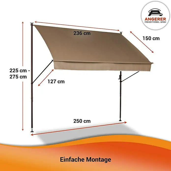 Angerer Klemmmarkise Style - Taupe, Breite: 2,5 m, Ausfall: 1,5 m - Abbildung einer Angerer Markise mit Größenangaben. Die Markise ist beige und hat eine einfache Montage.